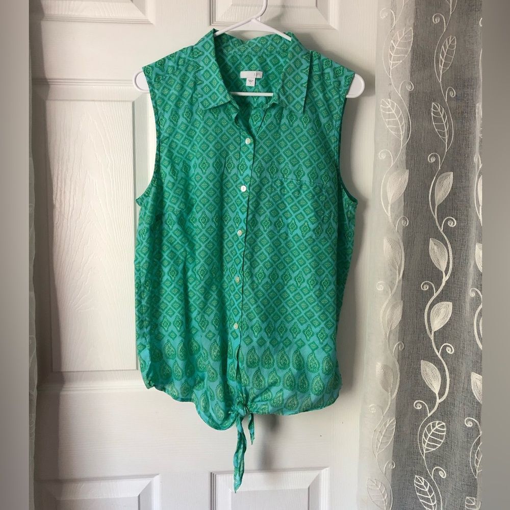 J. JILL Green Geometric Button Up bottom Tie Sleeveless Top women size L cotton